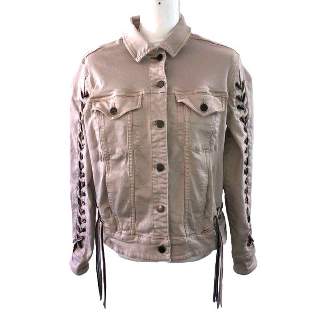 Peace Love World Denim Jacket Small S Womens Faux Leather Fringe Woven Pockets
